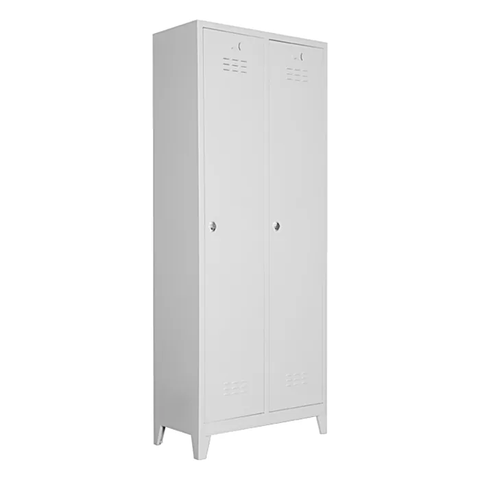 Two-door steel locker in white, two compartments side by side