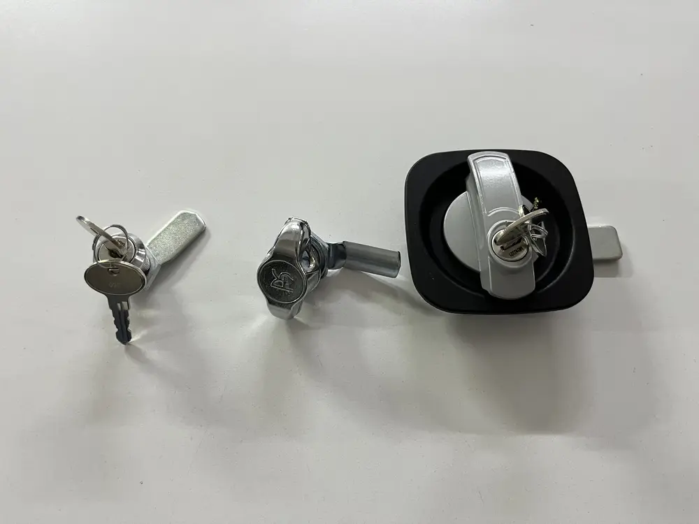 Cam locks with keys and a T-handle lock for steel lockers