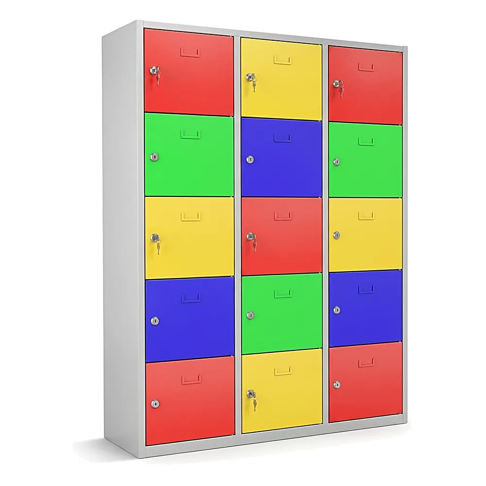 Multi-compartment steel locker with 15 colorful doors