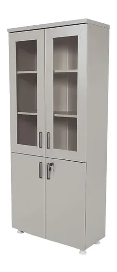 Wooden display cabinet with glass upper doors and solid lower doors