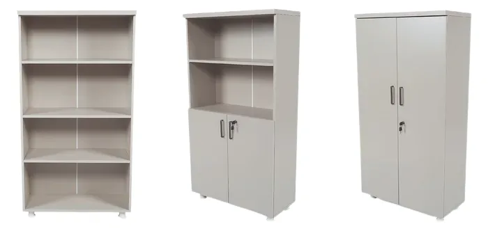 Range of wooden cabinets in oak, white, and walnut finishes, side by side