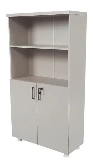 Wooden cabinet with open shelving above and a lockable cabinet below