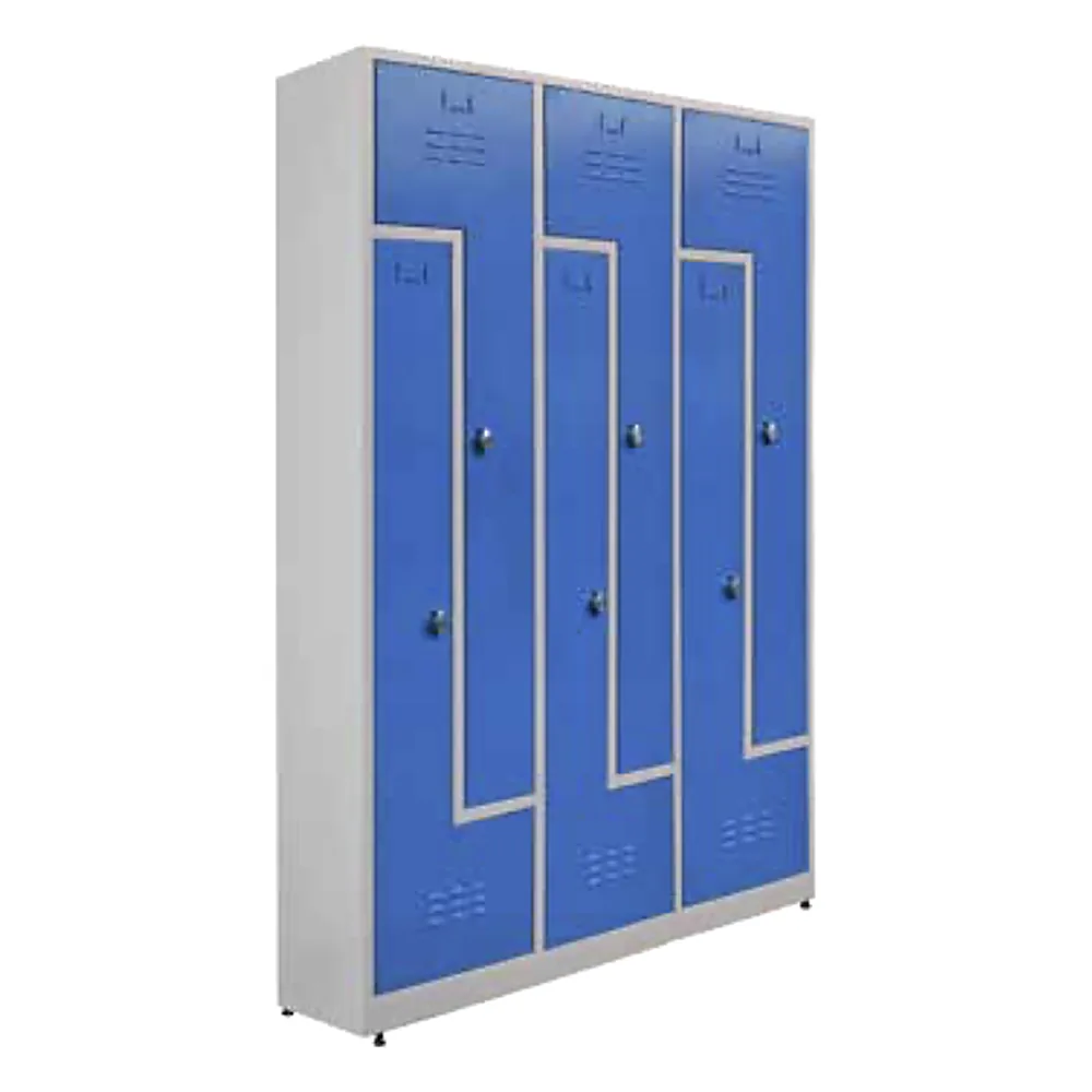 Z-type steel locker with blue doors and interlocking L-shaped compartments